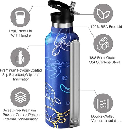 Turtle Sport Water Bottle with Straw, Vacuum Insulated Stainless Steel Thermal Drinking Travel Mug Cups For Gym Fitness Camping-20oz/600ml