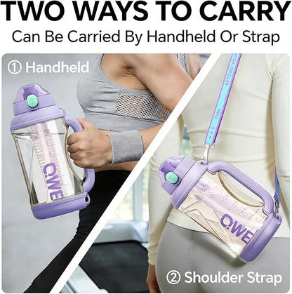 QWE Gym Large Water Bottle for women with lids and Straws&Handle,54oz,Heat-resisting,Reusable,PPSU BPA Free, Plastic Water Bottle Double drinking,leak proof, for Travel,Sport,Outdoors,camping(Purple)