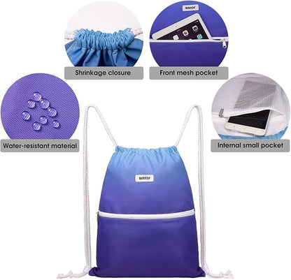 WANDF Drawstring Backpack String Bag Sackpack Cinch Water Resistant Nylon for Gym Shopping Sport Yoga (Blue)