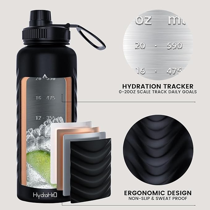 32oz Stainless Steel Insulated Water Bottle, 48H Cold & 24H Hot, Leak-Proof Wide Mouth Lids (Straw & Spout), BPA-Free Bottles, Mens Water Bottle for Gym, Hiking, Travel - Black