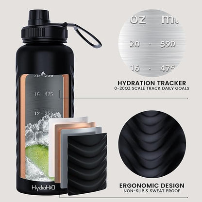 32oz Stainless Steel Insulated Water Bottle, 48H Cold & 24H Hot, Leak-Proof Wide Mouth Lids (Straw & Spout), BPA-Free Bottles, Mens Water Bottle for Gym, Hiking, Travel - Black