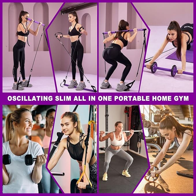 Pilates bar kit Multiple Fitness bar with Resistance Bands, Ab Rollers.Core Strength Training Equipment. Squat Machine for Men and Women.Portable Home Gym Pilates bar kit for Full Body Training Women