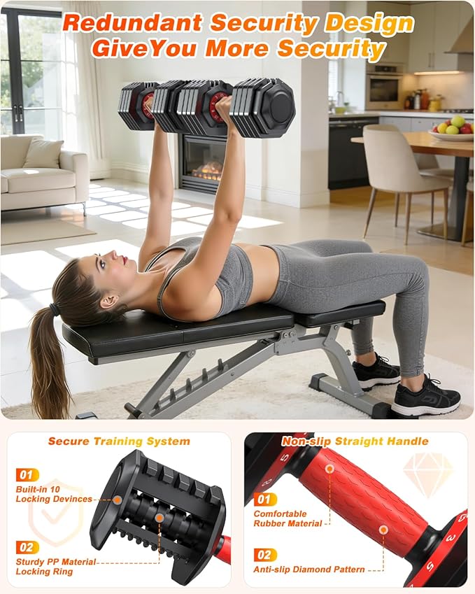 XDDIAS Adjustable Dumbbell Set of 2, 25/55/80/90LB Dumbbell Set- 1-Hand Fast Adjustment with Anti-Slip Handle, Compact Free Weights Dumbbells Set for Men/Women Home Gym Strength Training Equipment