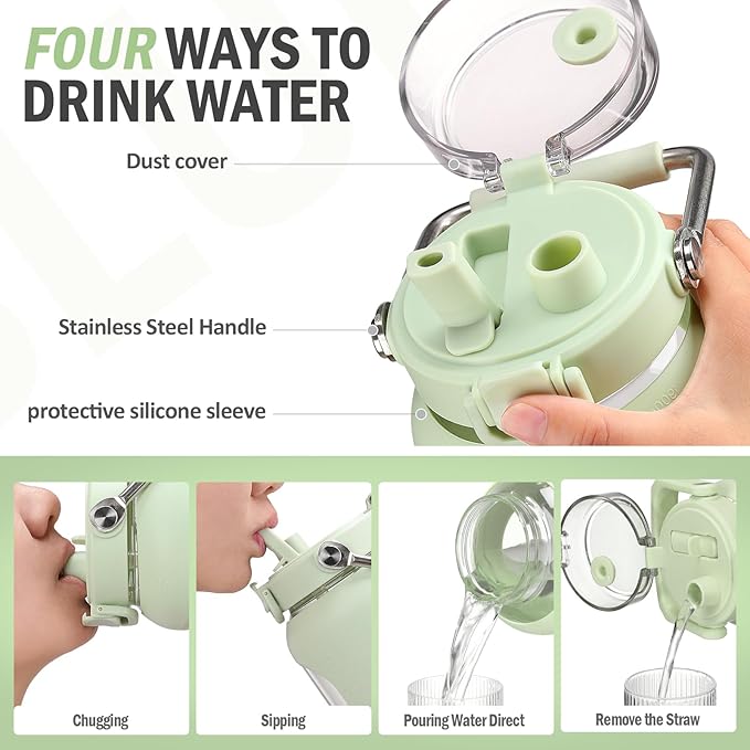 BLUEGO 100 oz Glass Water Bottle with Straw, Huge 3 Liter Water Bottle with Sturdy Handle, Glass Water Jug with Sleeve, Wide Mouth Water Container with Time Marker, Light Green