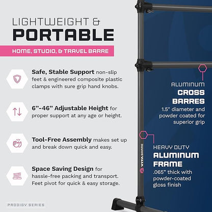 VITA Barre Portable Freestanding Double Ballet Barre, Prodigy, Aluminum | Adjustable Height, USA Made, Home or Gym Exercise Equipment for Kids & Adults | Dance, Fitness, Pilates