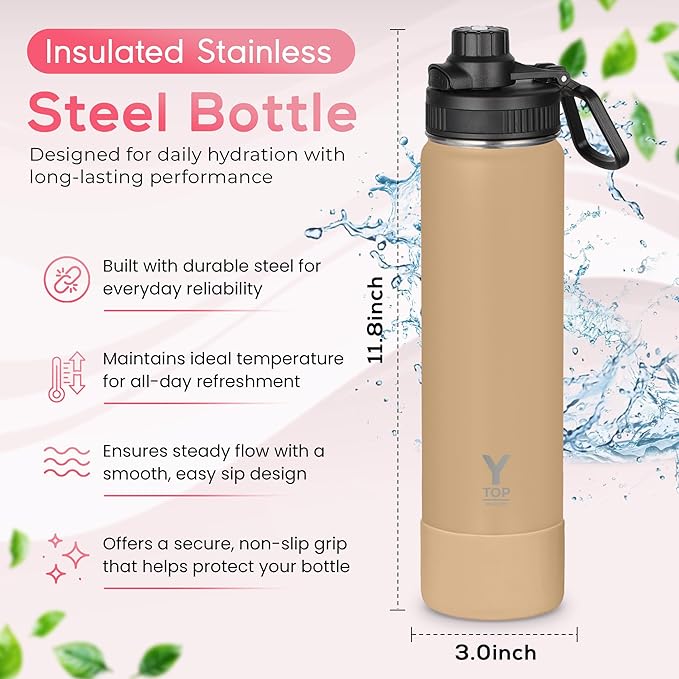 Y TOP 24oz Insulated Water Bottle Leak Proof Spout Lid Fits in Car Cup Holder – Double Wall Dishwasher Safe Easy Clean stainless steel drinking water bottle for Gym Kids Sports Travel Hiking School