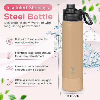 Y TOP 24oz Insulated Water Bottle Leak Proof Spout Lid Fits in Car Cup Holder – Double Wall Dishwasher Safe Easy Clean stainless steel drinking water bottle for Gym Kids Sports Travel Hiking School
