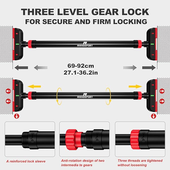 RHINOSPORT Door Pull Up Bar Doorway No-Screw from 69-92 cm (27.1in-36.2in) Workout Equipment for Home Gym Upper Body Workout Non-slip 2x EXTRA Foam Padding for Ultimate Door Frame Protection