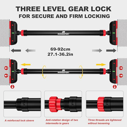 RHINOSPORT Door Pull Up Bar Doorway No-Screw from 69-92 cm (27.1in-36.2in) Workout Equipment for Home Gym Upper Body Workout Non-slip 2x EXTRA Foam Padding for Ultimate Door Frame Protection
