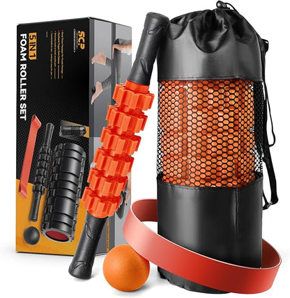 5 in 1 Foam Roller Set for Deep Tissue Muscle Massage, Trigger Point Fitness Exercise Foam Roller, Massage Roller, Massage Ball, Stretching Strap, for Whole Body(Orange-Black)