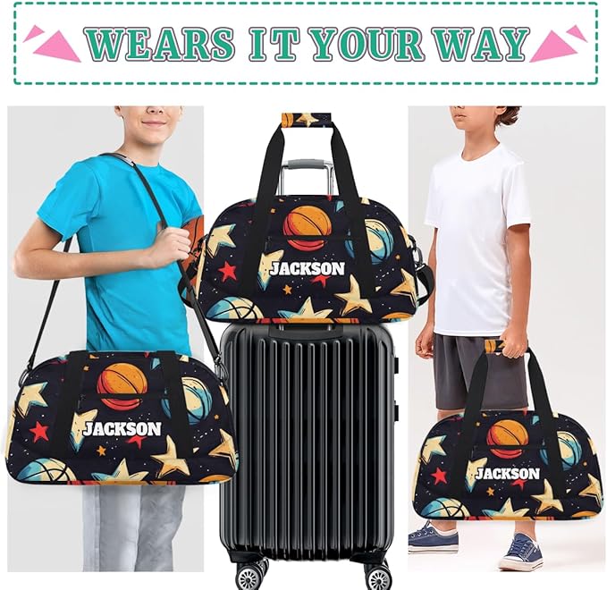 Personalized Basketball Gym Duffel Bags for Kids Boys with Custom Name Sport Training Travel Bags for Overnight Weekender, Black