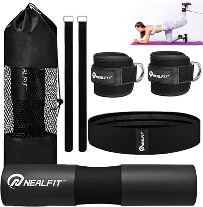 Barbell Pad Set for Squats, Lunges and Hip Thrusts, Neck & Shoulder Protective Pad, Standard Olympic Bars with 2 Gym Ankle Straps, Hip Resistance Band, Barbell Pad, Carry Bag