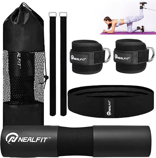 Barbell Pad Set for Squats, Lunges and Hip Thrusts, Neck & Shoulder Protective Pad, Standard Olympic Bars with 2 Gym Ankle Straps, Hip Resistance Band, Barbell Pad, Carry Bag