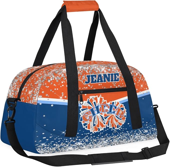 Personalized Cheer Gym Bags for Girls Kids Cheerleaders with Custom Name Sport Dance Perform Training Duffel Bags for Overnight Weekender Travel Orange Blue