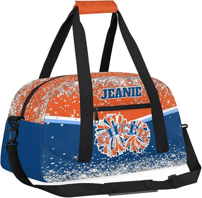 Personalized Cheer Gym Bags for Girls Kids Cheerleaders with Custom Name Sport Dance Perform Training Duffel Bags for Overnight Weekender Travel Orange Blue