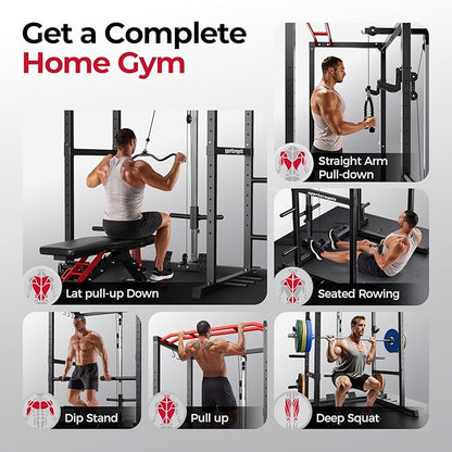 Sportsroyals Squat Rack, LAT Power Cage, Power Rack Multi-Function with Pulley System and Training Attachments for Home Gym