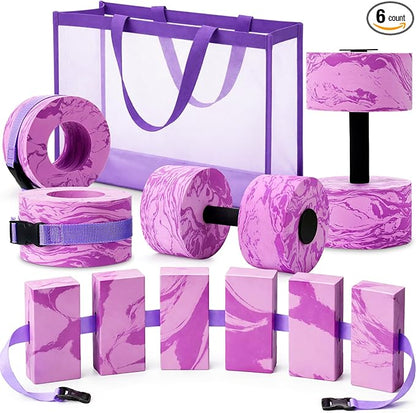 6 Pcs Aquatic Exercise Set Water Aerobics Set Large Mesh Beach Bag Pool Fitness Equipment Foam Water Dumbbell Ankle Swimming Weight Aquatic Swim Belt for Exercise Weight Loss