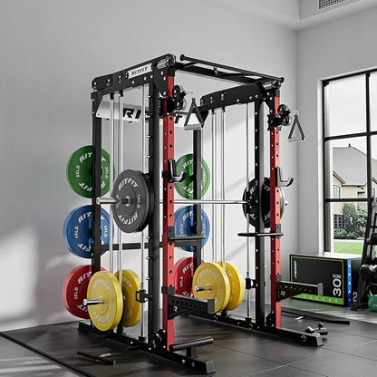 RitFit M2 Smith Machine with with Cable Crossover System, 3D Functional Trainer & Power Cage, 16 Adjustment Holes, 6 Storage Pegs for Full-Body Home Gym
