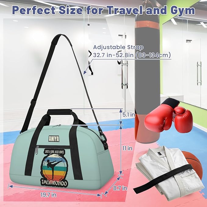 Custom Name Taekwondo Karate Duffle Bag for kids Girls - Personalized Martial Arts Gear Bag, Water-Resistant Sparring Equipment Bag, Taekwondo Cyan
