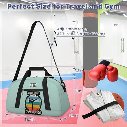 Custom Name Taekwondo Karate Duffle Bag for kids Girls - Personalized Martial Arts Gear Bag, Water-Resistant Sparring Equipment Bag, Taekwondo Cyan