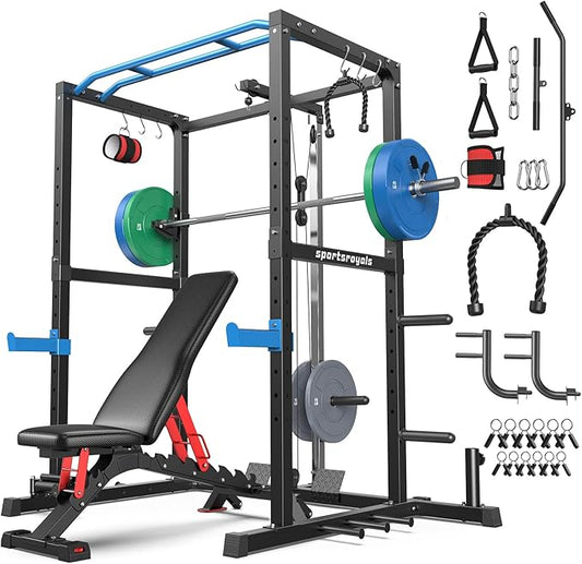 Sportsroyals Squat Rack, LAT Power Cage, Power Rack Multi-Function with Pulley System and Training Attachments for Home Gym