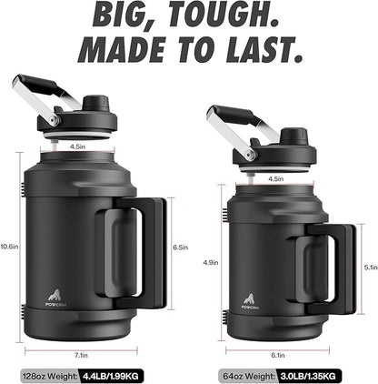 1 Gallon Insulated Water Bottle for Travel: 2-in-1 Straw Spout Lid, Dual Handle, Leakproof, Keep Cold 48H, 128oz Stainless Steel Water Jug for Gym, Biking, Road Trip, Work, Home, Picnic (Midnight)