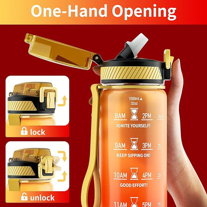 Water Bottle with Straw, 32oz Motivational Water Bottles with Time Marker to Drink, Tritan BPA Free, 1L Sports Water Bottle with Carry Strap LeakProof for Women Gym Fitness Outdoor (1 Pack)