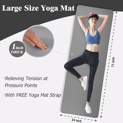 BalanceFrom 71x24 Inches Extra Thick Yoga Mat 1-Inch High-Density Foam – Roll-Up Exercise Pad with Double-Sided Non-Slip Surface and Carrying Strap for Pilates and Home Workouts, Multiple Colors