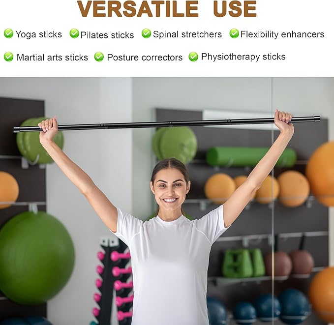 6 Set 5ft Yoga Stick Adjustable Stretching Sticks, Black Exercise Stick with Non-slip Rubber Ends, Posture Corrector Stretch Tool for Mobility Training, Workout, Balance Fitness (Per Set 5ft, Black)