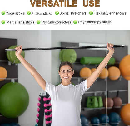 6 Set 5ft Yoga Stick Adjustable Stretching Sticks, Black Exercise Stick with Non-slip Rubber Ends, Posture Corrector Stretch Tool for Mobility Training, Workout, Balance Fitness (Per Set 5ft, Black)