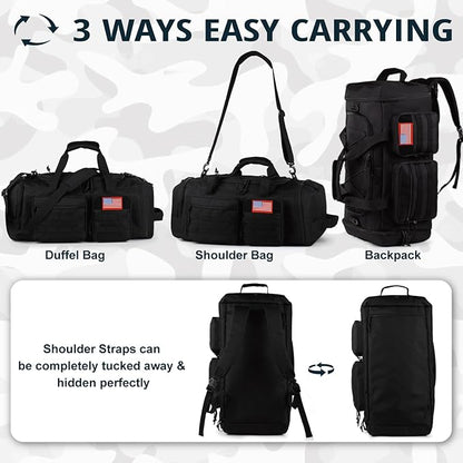 Tactical Gym Bag for Men，70L Large 3 in 1 Sports Duffle Bag with Shoes Compartment for Travel,Water Resistant Travel Backpack Weekender Overnight Bag with Wet Pocket for Women