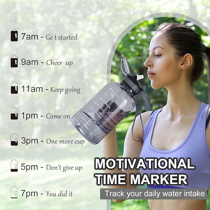GIFUBOWA 2l Water Bottle with Straw Cap Large 2 litre Jug with Handle and Motivational 64oz Drinking Jug Transparent Grey
