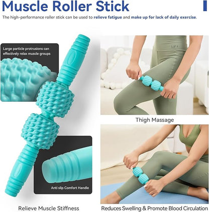5 in 1 Foam Roller Set - Back Roller Foam, Massage Roller Stick, Massage Ball, Resistance Band for Physical Therapy & Deep Tissue Muscle Massage (Green)