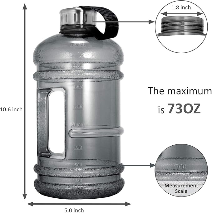 Half Gallon Big Water Bottle, 2.2L/73 OZ Large Leak Proof Sports Jug with Handle,Huge BPA Free PETG Plastic Wide Mouth Drinking Container Flask for Fitness Gym Biking Outdoor