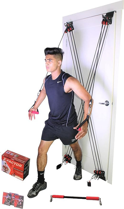 X-Factor Door Gym Complete Home Gym Full Body Exercise System, Doorway Fitness Strength Training Gym with Multi-Tension Resistance Bands, Straight Bar, 2X Padded Handles, 2X Ankles Straps, DVD, Black
