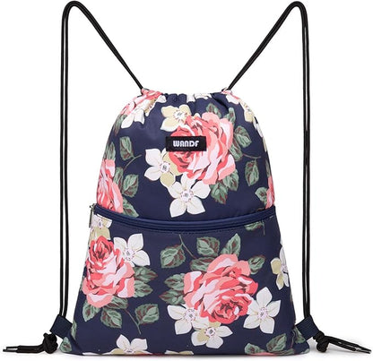 WANDF Drawstring Backpack String Bag Sackpack Cinch Water Resistant Nylon for Gym Shopping Sport Yoga (Peony)