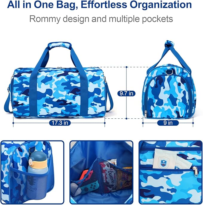 Bagseri Boys Duffle Bag for Travel - Kids Gym & Sports Bag with Shoe Compartment & Water Resistant Wet Pocket, Weekender for Camping & Sleepover (Blue Camo)