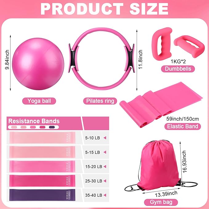 Poen 10 Pcs Pilates Ring Set Include 2.2lb *2 Dumbbells 10" Yoga Exercise Ball 12" Pilates Ring 5-40lb Resistance Bands Elastic Band and Drawstring Backpack Set for Women Home Workouts