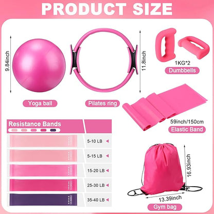 Poen 10 Pcs Pilates Ring Set Include 2.2lb *2 Dumbbells 10" Yoga Exercise Ball 12" Pilates Ring 5-40lb Resistance Bands Elastic Band and Drawstring Backpack Set for Women Home Workouts
