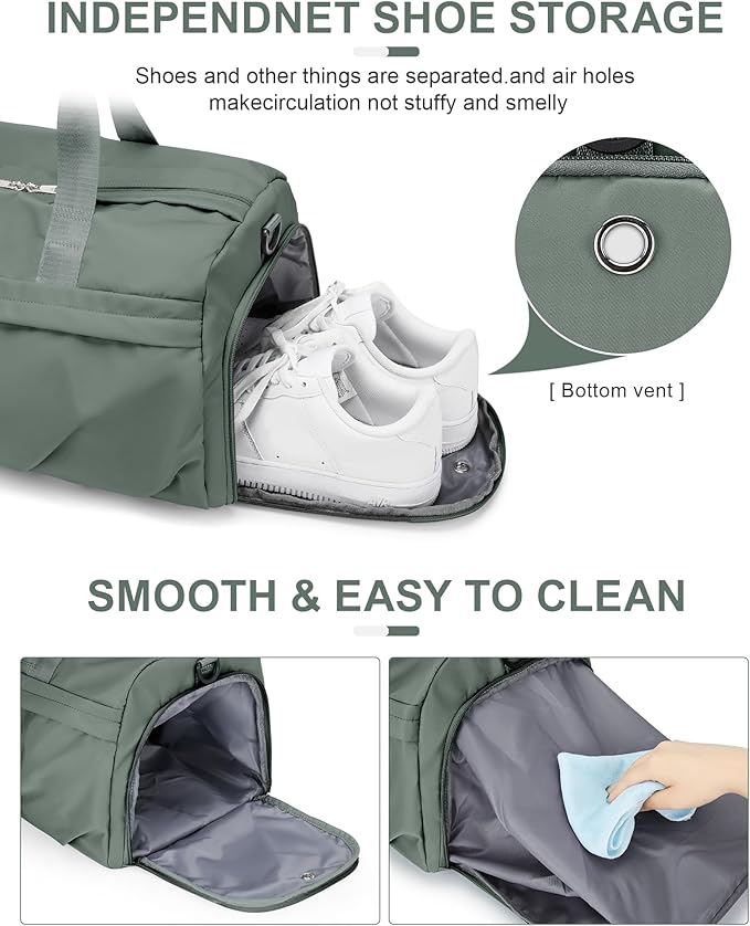 Gym Bag for Women Men, Sport Duffel Bag with Toiletry Bag & Shoe Compartment,Waterproof Travel Weekender Overnight Carry on Bag for Yoga with Trolley Sleeve, Green Set