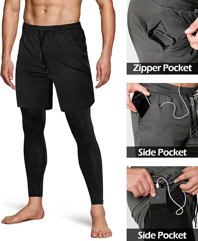 Aolesy Men's 2 in 1 Running Pants, Gym Workout Compression Pants for Men Training Athletic