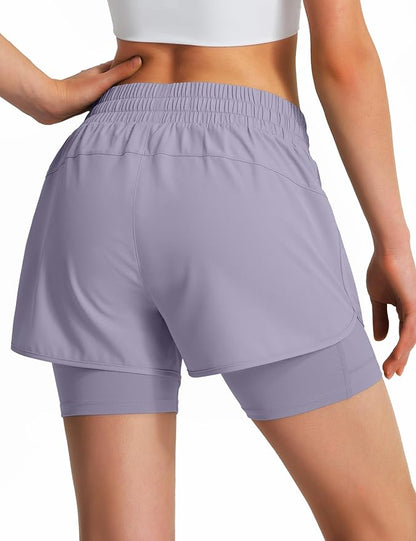 Ksmien Women's 2 in 1 Running Shorts Quick Dry Athletic Gym Workout Shorts with Liner Phone Pockets