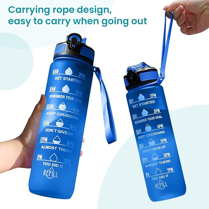 32 oz Motivational Water Bottle with Time Marker,Water Bottles with Times to Drink and Straw with Carrying Strap,Perfect For Fitness Gym Outdoor,BPA Free (Blue)