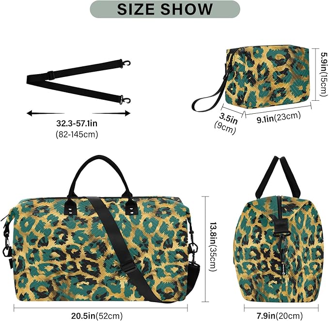 Weekender Bags Travel Duffel Gym Bag Leopard Green Skin Animal Carry on Overnight Tote Bag with Toiletry Bag for Airplane Travel Trip Gym Yoga