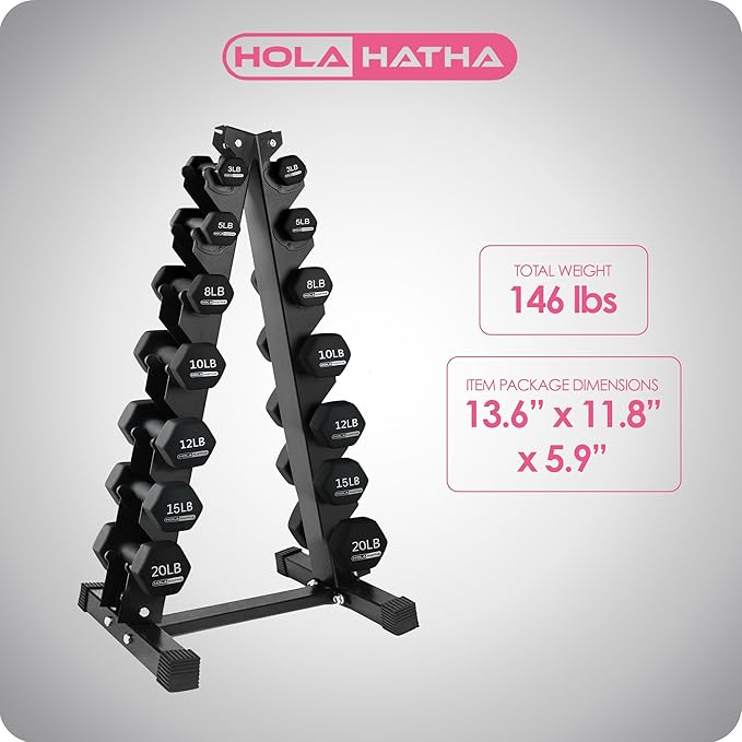 HolaHatha 2, 3, 5, 8, and 10 Pound Neoprene Dumbbell Free Hand Weight Set with Rack, Ideal for Home Exercises to Gain Tone and Definition, Pastel