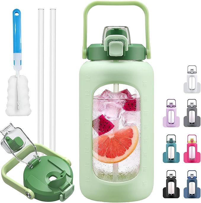 72oz Glass Water Bolttles, 3-in-1 Straw and Sip Spout Handle Lid, Half Gallon Water Bottle with Time Marker and Silicone Sleeve, BPA-Free Sports Water Bottle for Gym, School, Light Green