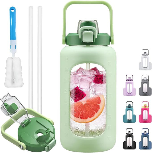 72oz Glass Water Bolttles, 3-in-1 Straw and Sip Spout Handle Lid, Half Gallon Water Bottle with Time Marker and Silicone Sleeve, BPA-Free Sports Water Bottle for Gym, School, Light Green