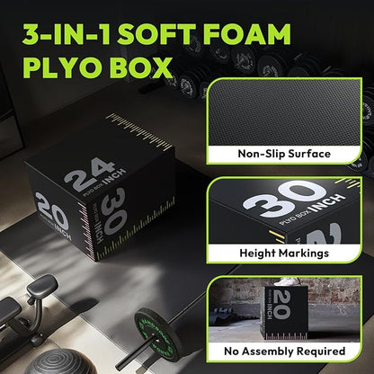 3-in-1 Plyometric Box, Jumping Exercise Equipment Trainer with Non-Slip Surface for Workout Training, Pro-Duty HIIT Exercise Foam Plyo Box, Home Gym