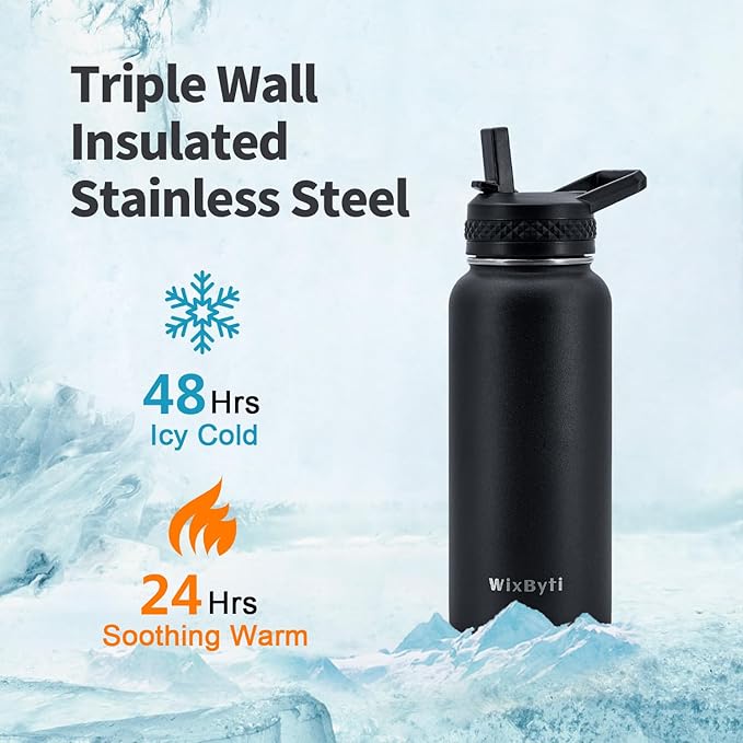 32 oz Insulated Water Bottle with Straw, Stainless Steel Triple Wall Vacuum Sports Water Jug, Leakproof Hydro Cup Flask with Paracord Handle & Straw Spout Lids & DIY Stickers