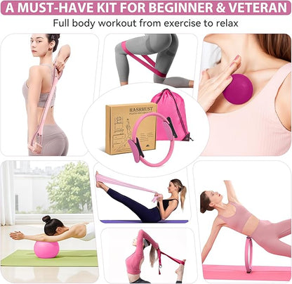 HASHMUST Pilates Ring Kit 12 PCS for Women, Home Workout Equipment with Magic Circle, Mini Exercise Ball, Resistance Bands, Massage Lacrosse, Yoga Strap, Full-Body Fitness Set for Toning & Gift